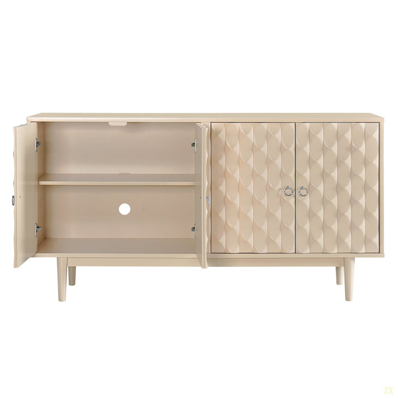 Modern 4-Door Sideboard With Convex Pattern Doors And 2 Silver Handle For Living Room, Dining Room, Kitchen, Almond