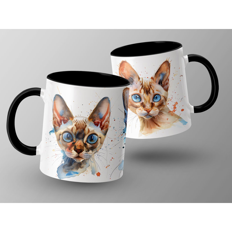 Cat Design 11oz Accent Mug – White Ceramic Coffee Cup with Colored Handle and Interior, Black, 2