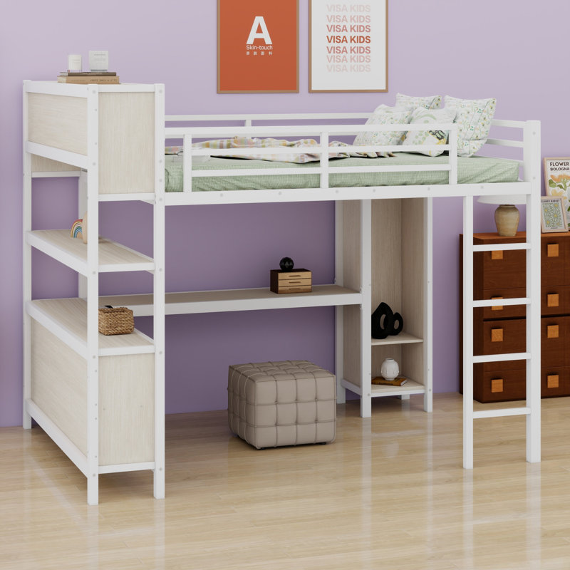 Metal Loft Bed Featuring A Wardrobe, L-Desk And  Storage Shelves, White Woodgrain