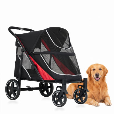 Dual Entry Large Dog Stroller for Big Dogs – Heavy Duty Pet Stroller with 360° Mesh Ventilation, One-Step Fold, 11" All-Terrain Wheels, Safety Tethers & Storage-Red