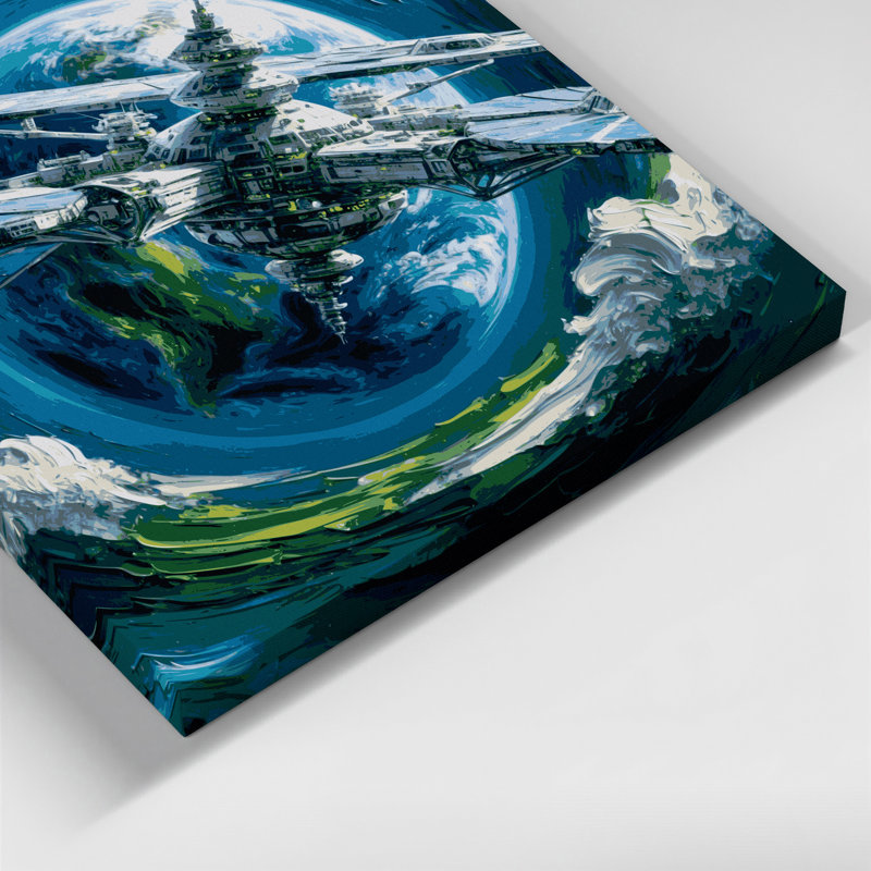Art mural sur toile bleu, "Sci Fi Space station orbiting Earth", H 11 po x l 14 po