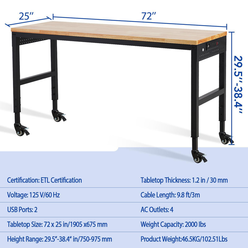 Établi à hauteur réglable 75 po x 25 po - Plateau en chêne robuste robuste - Capacité de 2000 lb - Roulettes verrouillables et roues globales - Prise de courant intégrée - Garage, atelier, table de bureau