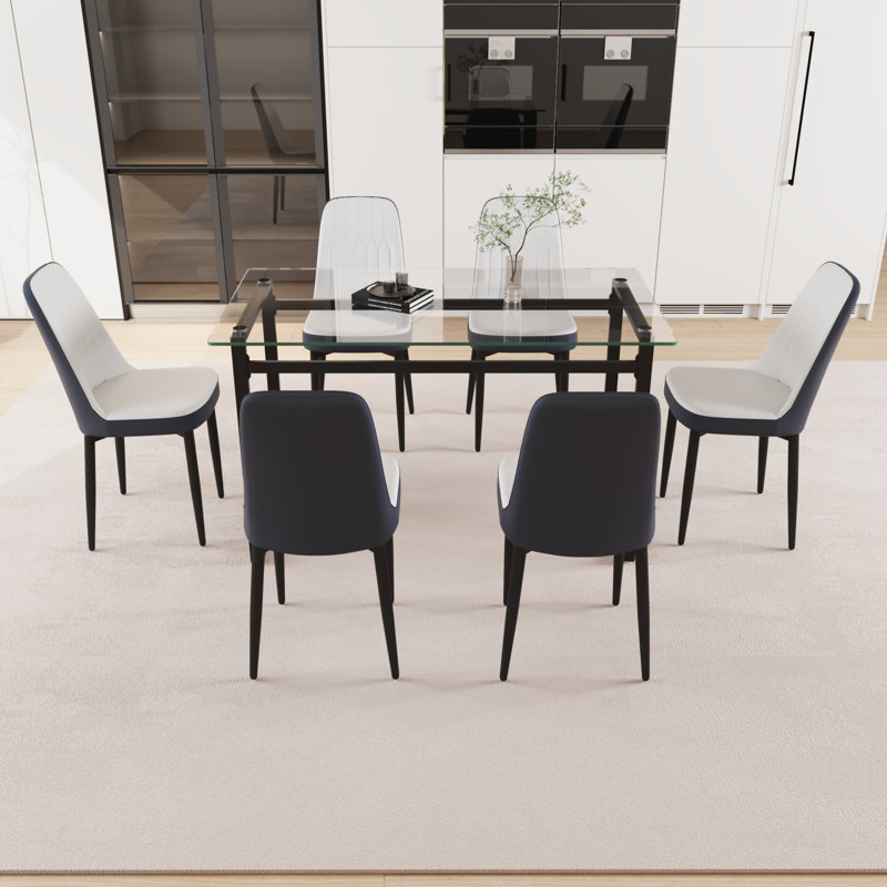 Ensemble de table de salle à manger 51 "en verre 51 personnes, Beige/noir, 7 pièces : table, 6 chaises
