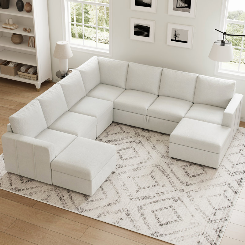 Canapé modulaire en L Aubade de L 107 po avec 2 repose-pieds avec rangement, Chenille beige