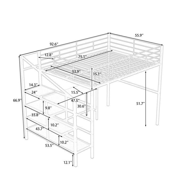 Full Metal Loft Bed With Desk, Storage Stairs And Guardrails, White