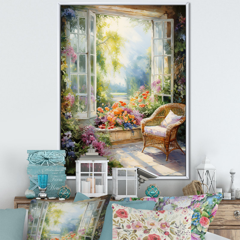 Orange et vert, fenêtre française vue III - fenêtre, art mural sur toile, Cadre flottant blanc, H 40 po x l 30 po x P 1,5 po