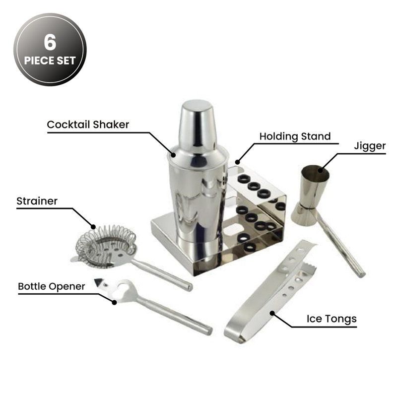Stainless Steel 6-Piece Bar Tool Set with Strainer and Jigger