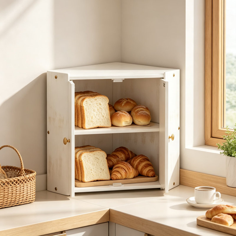 Boîte à pain en bambou pour comptoir avec porte magnétique, double compartiment de rangement, étagères réglables, Blanc