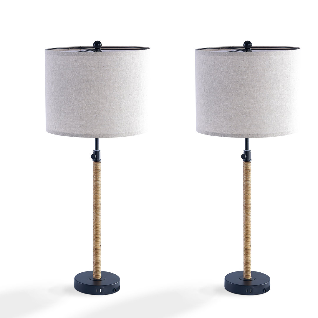 33 in. Modern Farmhouse Metal Rattan For Bedroom/Living Room Bedside Desk Nightstand Tall Table Lamps With Oatmeal Linen Drum Shade And USB/TYPE-C Prot (Set of 2) Mercer41 Base 