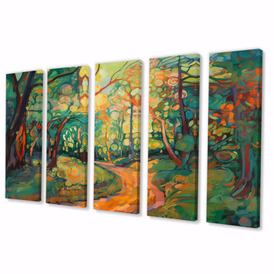 Sunlight Through The Trees In Autumn Forest II - Forest Wall Decor - 5 Equal Panels