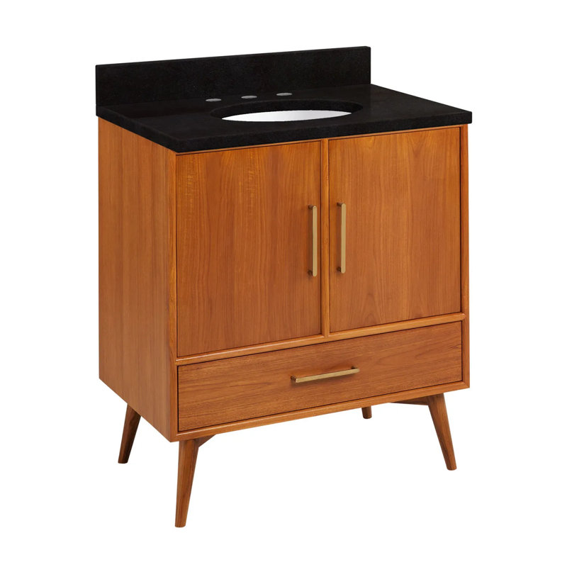30" Novak Single Bathroom Vanity Set with Oval Undermount Sink, Natural Teak, 8" Widespread, Carrara Marble