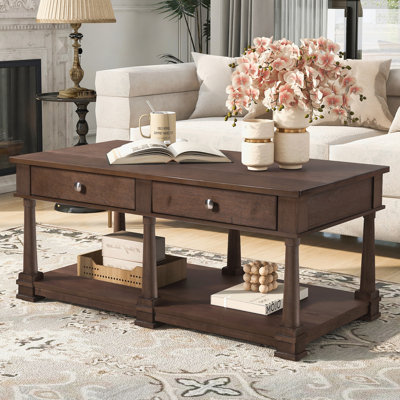 Farmhouse Wooden Coffee Table with 2 Storage Drawers & Lower Open Shelf
