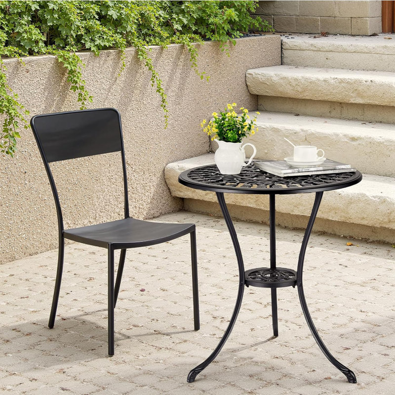 23.6 Inch Round Cast Aluminum Patio Bistro Table with Umbrella Hole, Antique Design Outdoor Coffee Side Table, Durable and Weather-Resistant, Perfect for Backyard, Garden, Porch, Pool, Balcony, Black