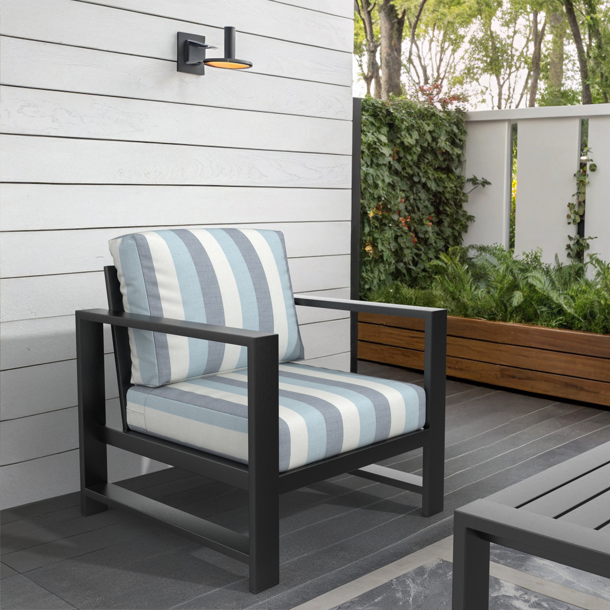Dulcie Metal Outdoor Armchair with Sunbrella Cushions, Sunbrella Direction Dew