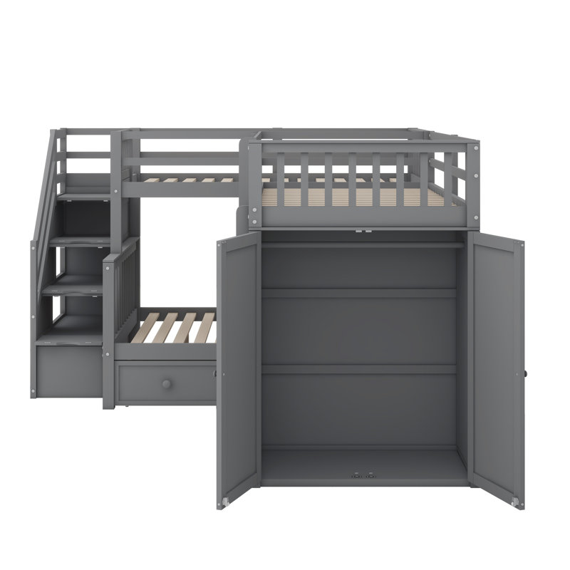 Lit superposé en forme de L avec lit simple simple sur le dessus d'un lit double, livré avec 3 tiroirs, un bureau mobile et un placard