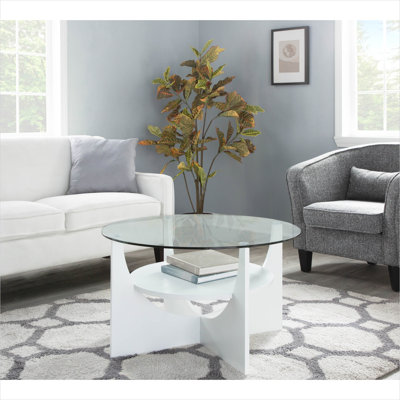 Table basse avec plateau rond en verre trempé et tablette inférieure, base en bois massif blanc doux, décoration circulaire de salon de 31,5 pouces