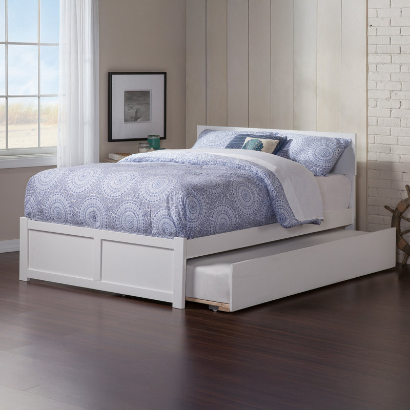 Orlando Solid Wood Platform Bed with Panel Footboard & Trundle, White