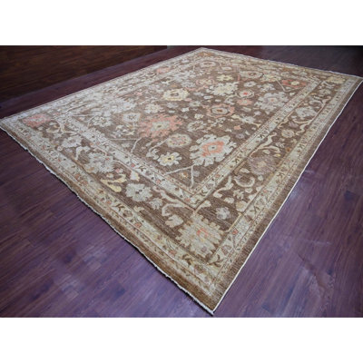 Tapis oriental 11 pi 8 po x 15 pi 5 po brun caramel, motif angus angus afghan avec motif de feuilles, tissé dense, noué à la main, 100% laine, très grand