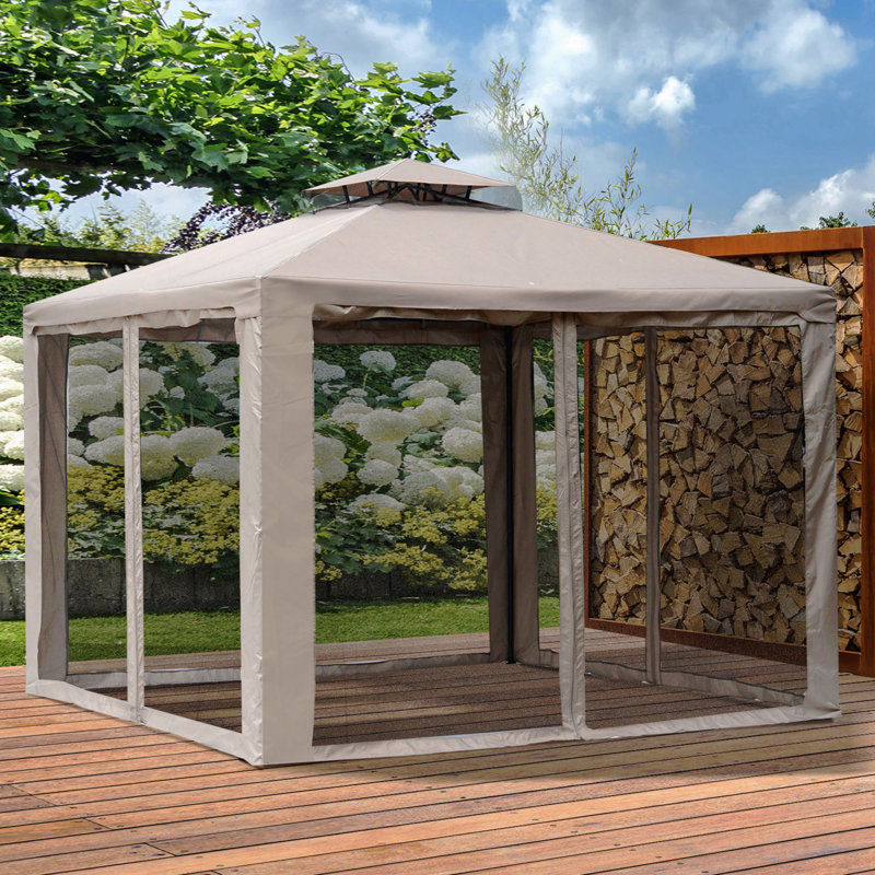 9.6X9.6FT Gazebo Steel, Mosquito Net For Garden Use With Double Roof (Taupe), Beige