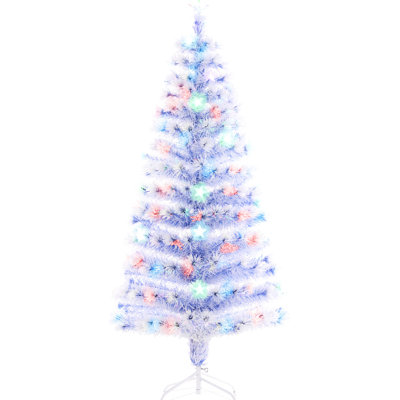 Arbre artificiel de 5 pi avec branches réalistes, lumières DEL multicolores - fibre optique, 180 pointes, blanc / bleu, assemblage rapide, lumières hautes, manuel des pointes