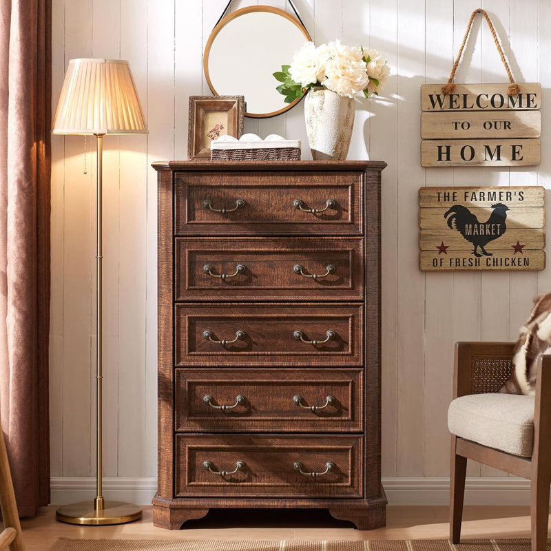 Theron 5-Drawer Manufactured Wood Tall Chest, Reclaimed Barnwood