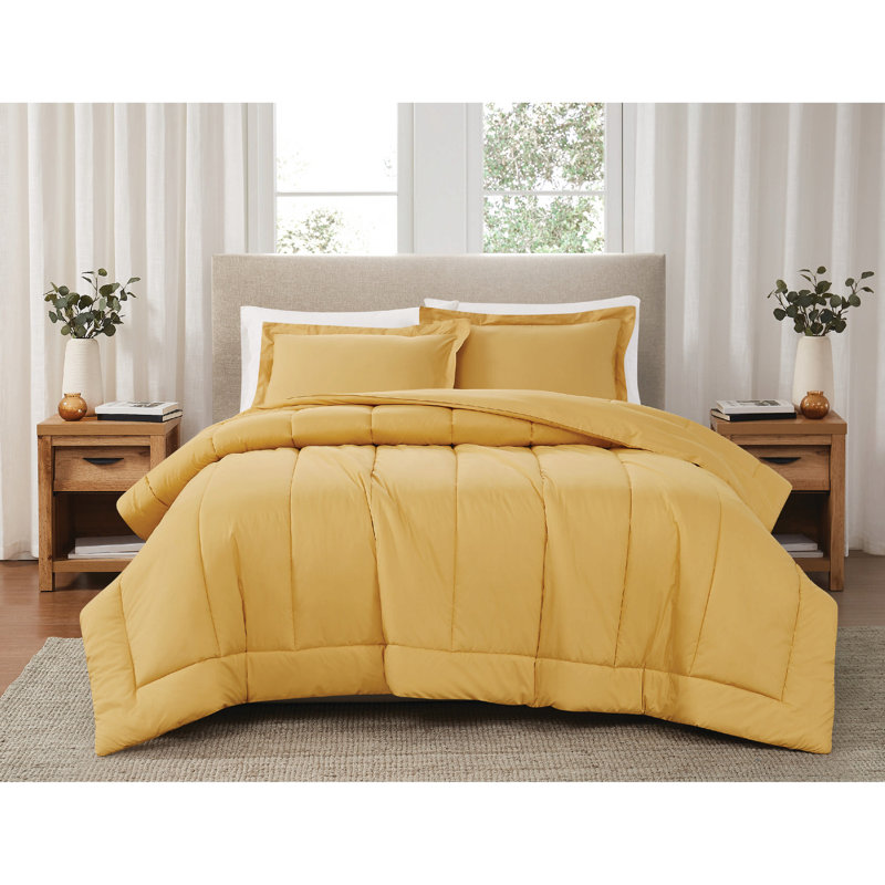 Ensemble d'édredon en percale de coton unie Brooklyn Loom, Jaune moutarde, Double/Grand et 2 taies décoratives standard