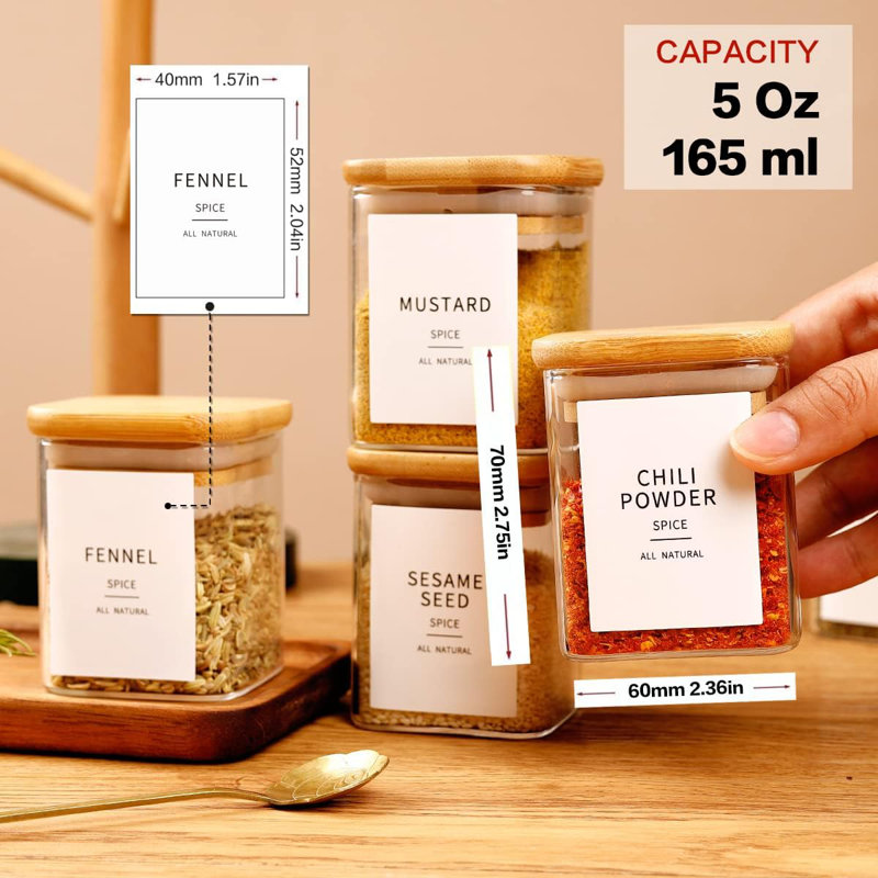 12 pots à épices carrés en verre avec couvercle en bambou naturel - 5 oz