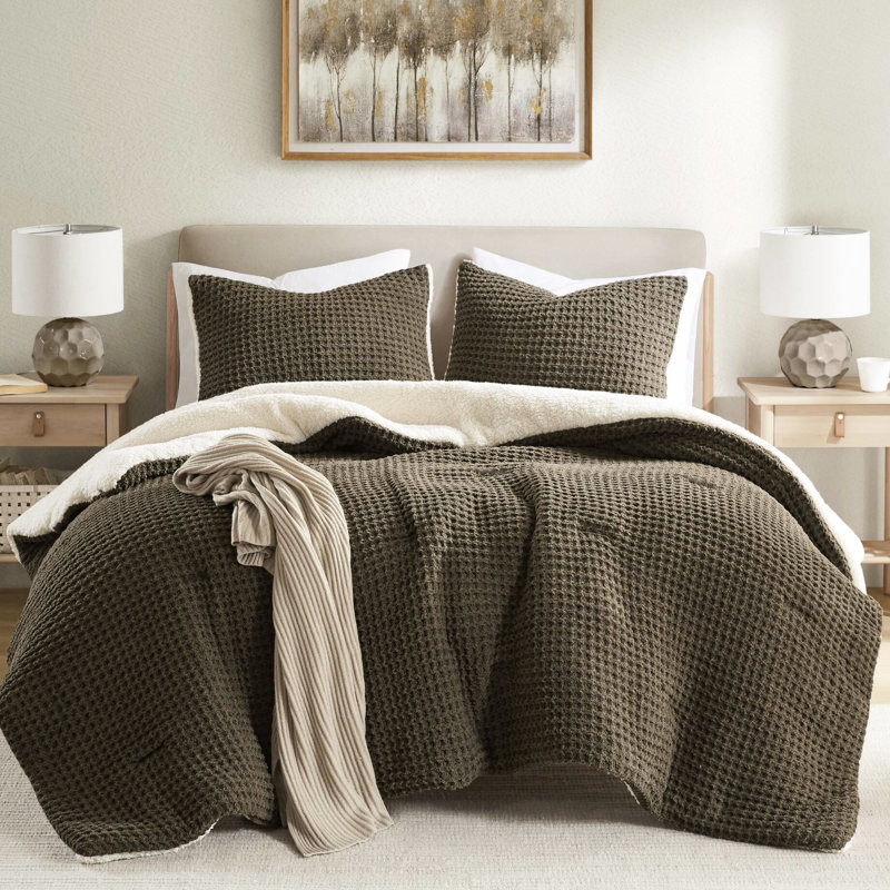 Édredon très grand - chenille en tricot gaufré brun, 100%, 2 taies décoratives, lavable à la machine, intérieur en chenille à motif inversé assorti