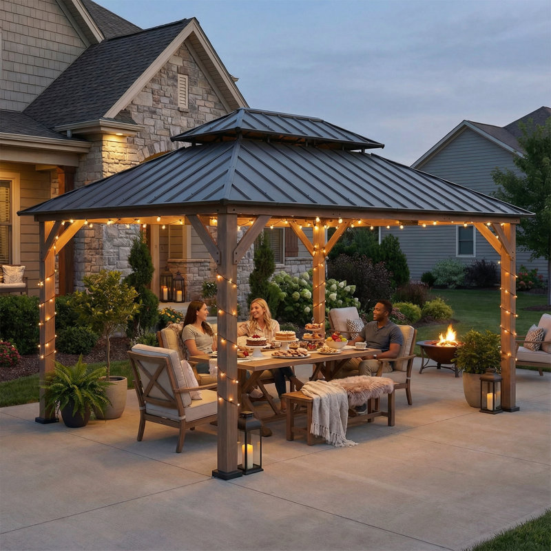 Sunjoy 12 x 16 ft Extra Large Cedar Wood Gazebo, 2-Tier Coated Steel Hardtop, Dark Brown Roof for Patio, Lawn & Backyard