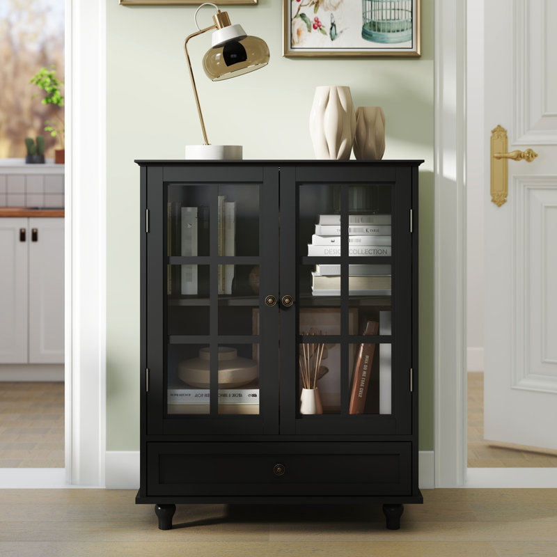 Buffet noir avec portes doubles en verre et pieds en bois massif, pour la cuisine, la chambre à coucher - surface peinte à base d'eau, compartiment de tiroir de compartiment personnalisable, chambre adaptée, couloir