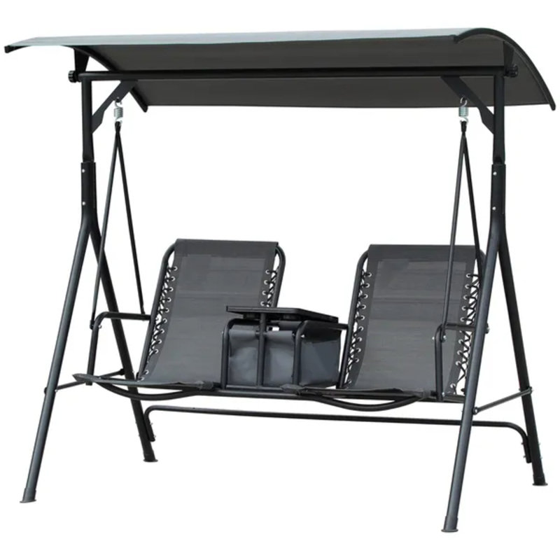 2-Seat Outdoor Porch Swing, with Pivot Storage Table, Adjustable Tilt Canopy, Anti-Slip Foot Pad, Breathable Mesh Seat, Grey