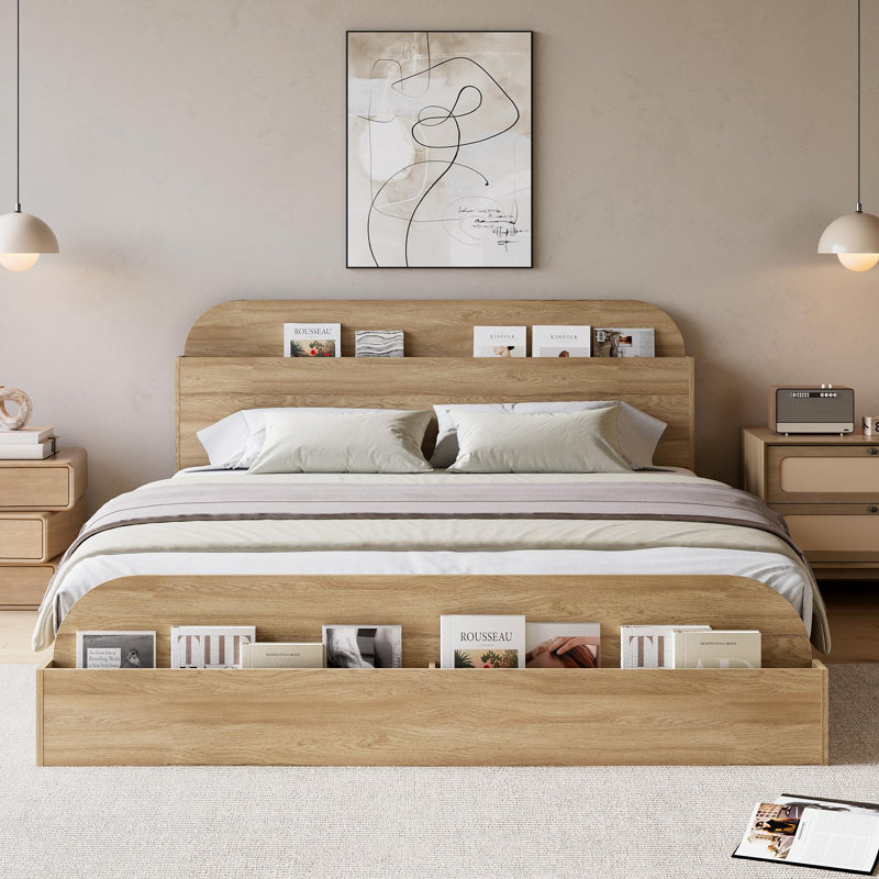 Base de lit en bois avec tête de lit avec rangement - Lit plateforme pour petit avec pied surélevé, lattes en bois robustes (aucun sommier requis), assemblage facile