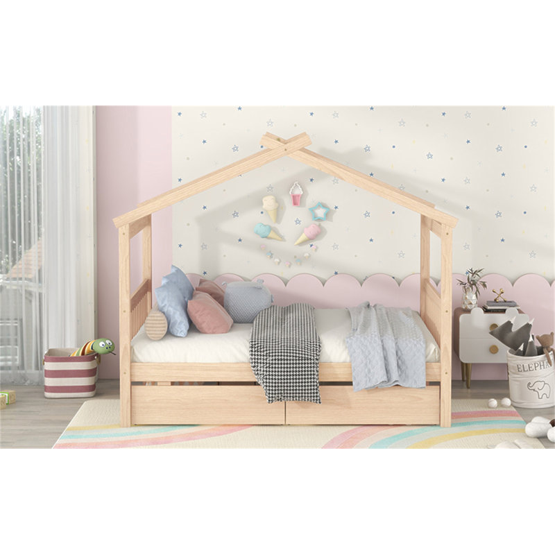 Lit double en bois avec tiroirs, Naturel