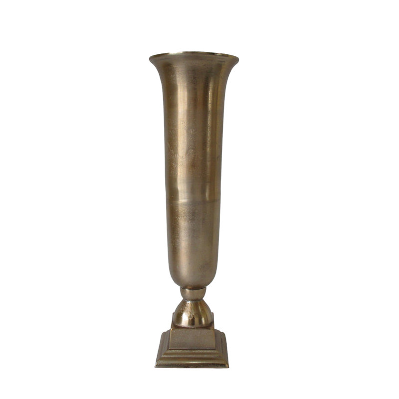 TRUMPET URN VASE ON A SQUARE PEDESTAL BASE, 23" H x 7" W x 7" D, Bronze