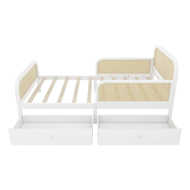Structure de lit plateforme simple avec 2 tiroirs de rangement, lit en rotin pour enfants avec tête et pied de lit, blanc