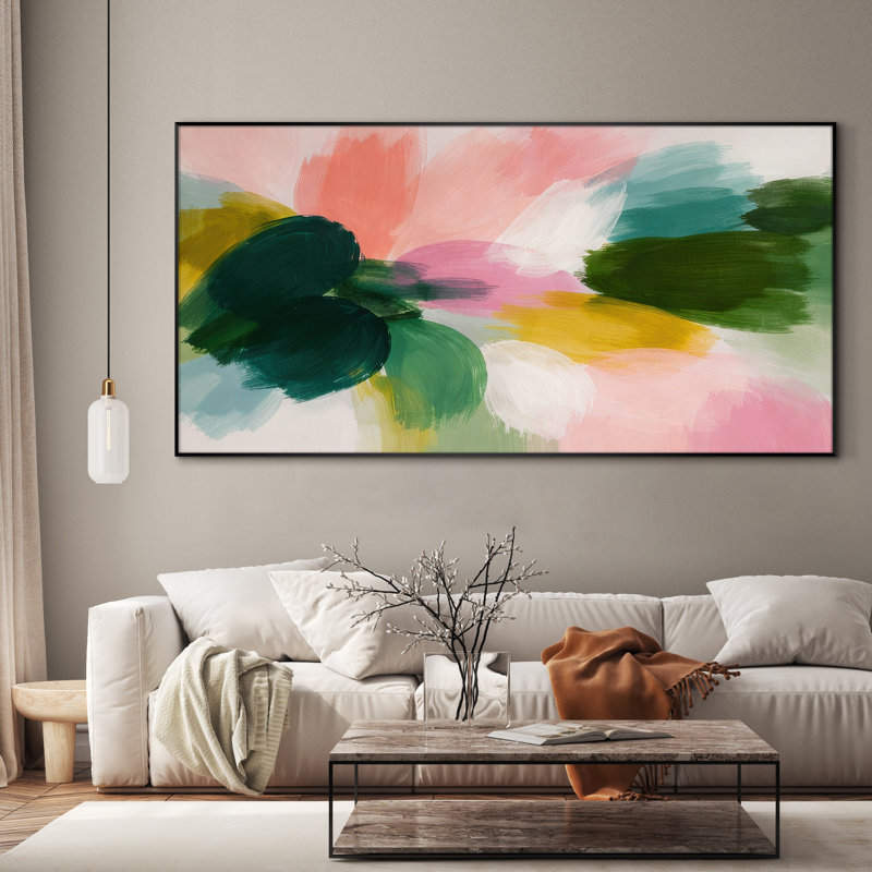 Très grand art mural imprimé sur tissu - Coups de pinceau abstraits et colorés en rose, vert et jaune pour la chambre à coucher - «Assemblage requis du cadre (cadre non fini)»