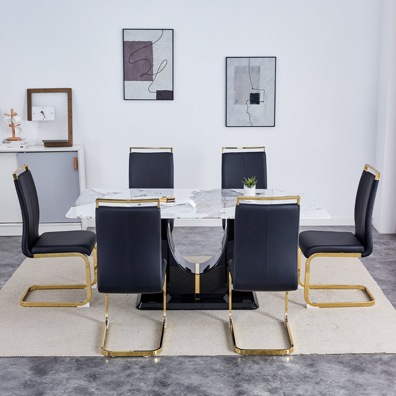 Glass Dining Table Set for 6, Black, 7 Pieces: Table, 6 Chairs