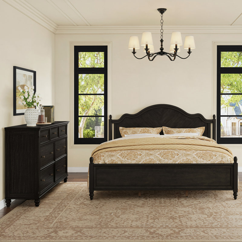 Ensemble de chambre à coucher Mid-Century, Noir rétro, 2 Pcs: Bed, Dresser, Très grand lit
