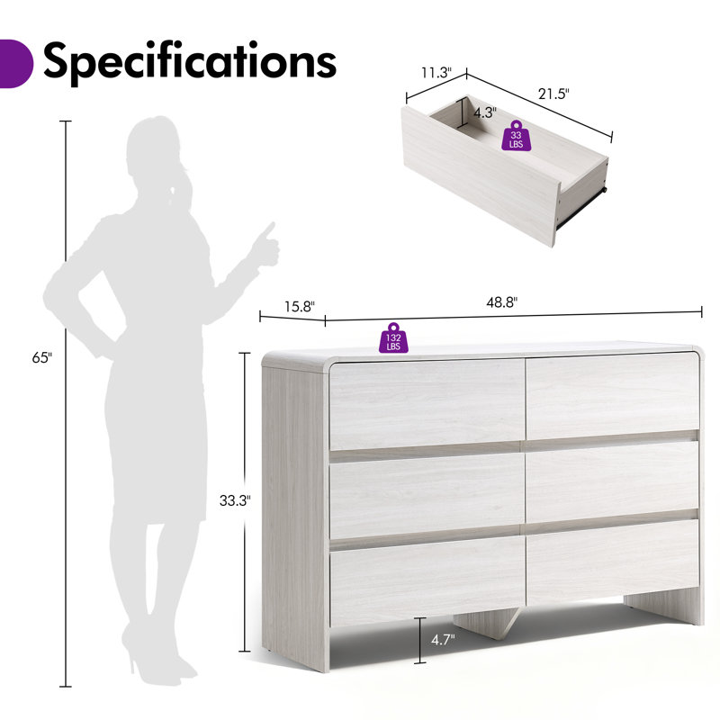 Modern 6-Drawer Dresser with Wood Grain Finish, White