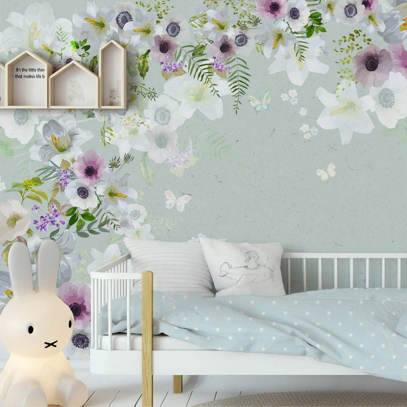 Papier peint amovible floral avec aquarelle, L 114 po x l 204 po