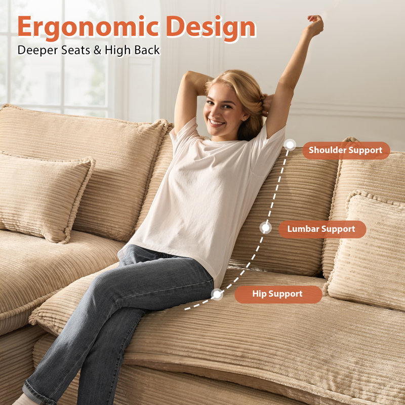 Boneless 112.6'' Oversized Corduroy Sectional Sofa With Chaise, 2-piece Cloud Couch For Cozy Winter Living, Plush Double-layer Cushions, No Assembly Needed
