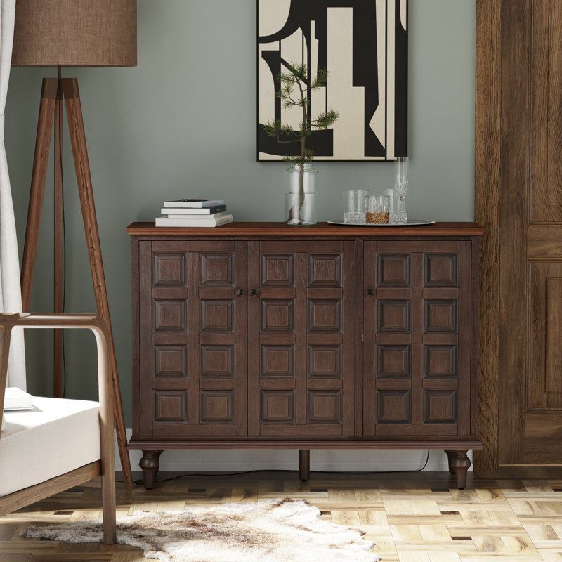 Arianna Retro 3 Door Storage Cabinet Sideboard Buffet With Plaid Pattern Front, Brown