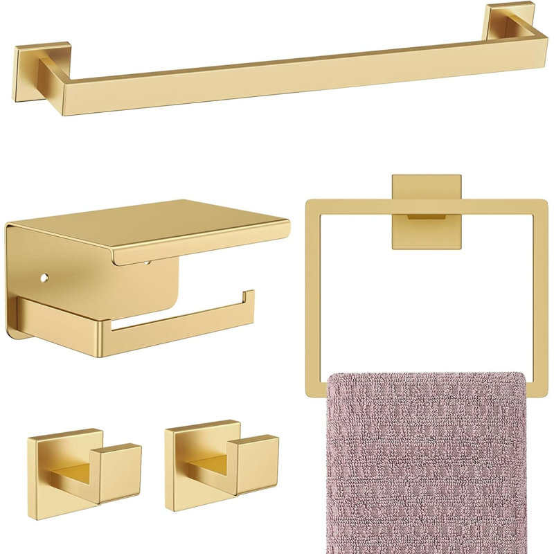 Brushed Gold Bathroom Hardware Set, 5-Piece Stainless Steel Towel Bar Holder With Towel Ring, Toilet Paper Holder And Hooks, Wall Mounted Bathroom Accessories Set