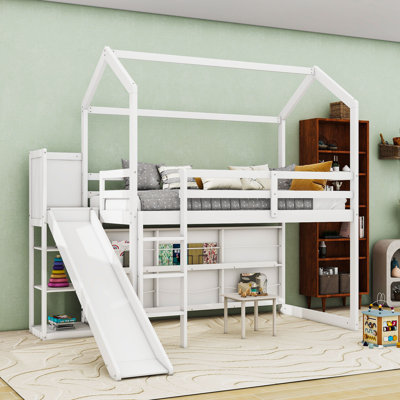 Lit mezzanine simple en bois avec tablettes de rangement multifonctionnelles, glissade et éclairage intégré