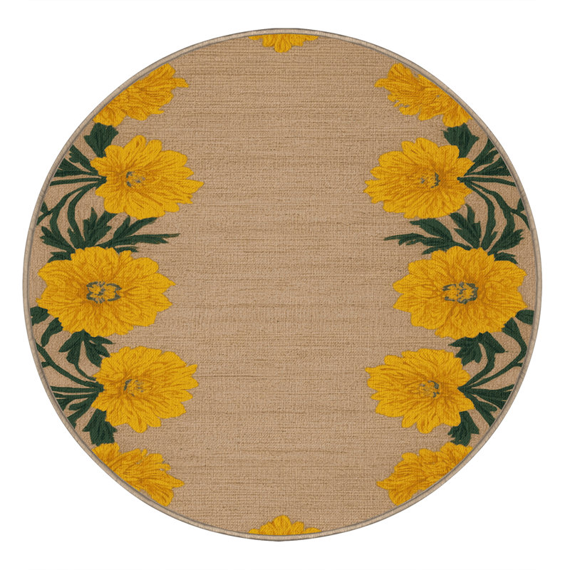 Tapis botanique beige lavable à la machine, Rond 7 pi
