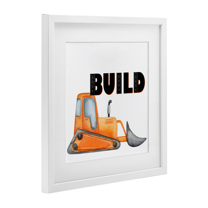 «Build with Orange Bulldozer», reproduction d'art sous verre, conception de Kim Allen, H 13 po x l 13 po, Cadre blanc côtier