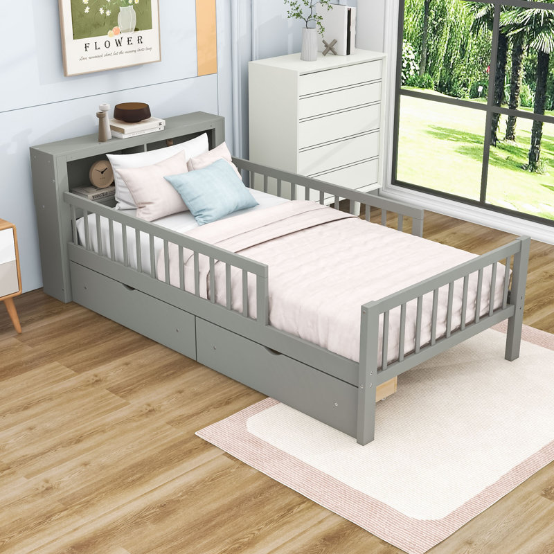 Lit simple à deux tiroirs en bois avec support de tête de lit et deux tiroirs, gris