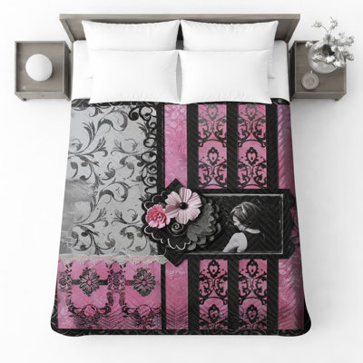 Couvre-lit matelassé rose et noir Flourish toutes tailles