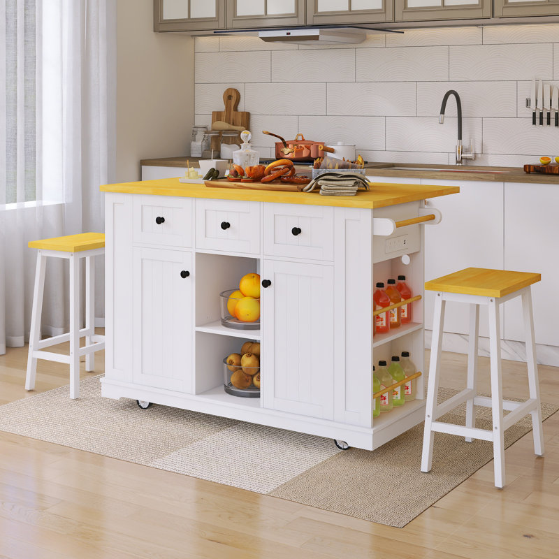 53" Drop-Leaf Countertop Kitchen Cart With Power Outlet And Spice Rack & Towel Rack, White