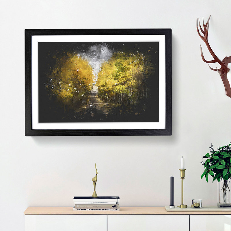 Road Through A Yellow Forest - Picture Frame Graphic Art, 62cm H x 87cm W x 2cm D, Black Framed